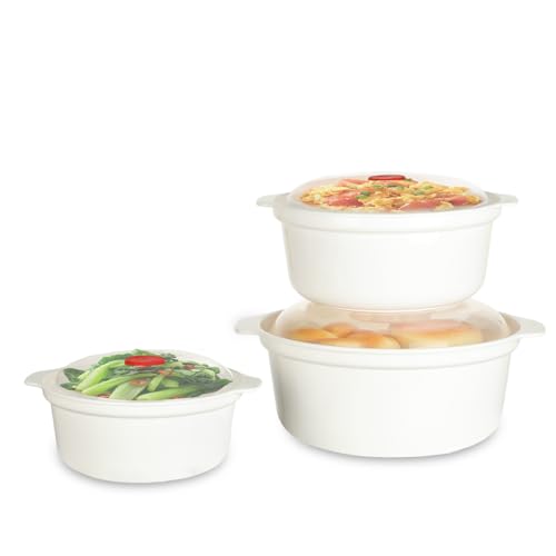 AiQInu 3 Stück Runde Mikrowellengeschirr mit Deckel, Stapelbar Mikrowellenschüssel Set mit Dampfventil, Mikrowellen Geschirr BPA-frei, Spülmaschinenfest, Geschirr für Mikrowelle Kühl- Gefrierschrank