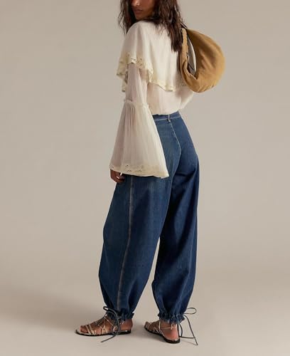 chouyatou Women's Boyfriend Baggy Lotus Jeans Y2k Barrel Jeans Drawstring Bottom Wide Leg Pleated Denim Pants2