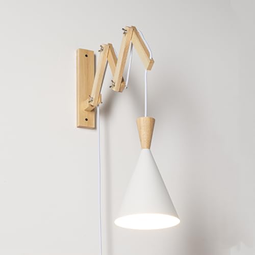 Alpinaluz Applique Murale Extensible avec Câble et Prise, Bras Articulé en Bois Naturel et Abat-Jour Conique en Métal Blanc Mat Ø16 cm, Douille E27 pour...