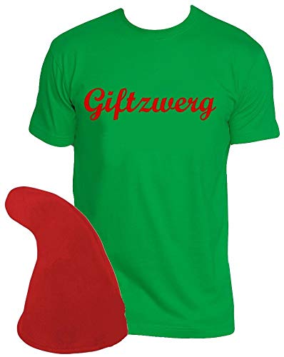 Coole-Fun-T-Shirts ZWERGEN Kostüm Set Giftzwerg T-Shirt + Zwergenmütze Green-rot Gr.L