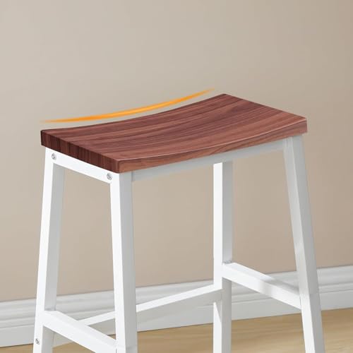 Image of STUDIO AXIS Wooden Bar Stool Set of 2 for Kitchen Counter | Wooden Seat with White Frame High Stool | Counter Height Bar Chairs for Kitchen Island, Home Bar & Cafe