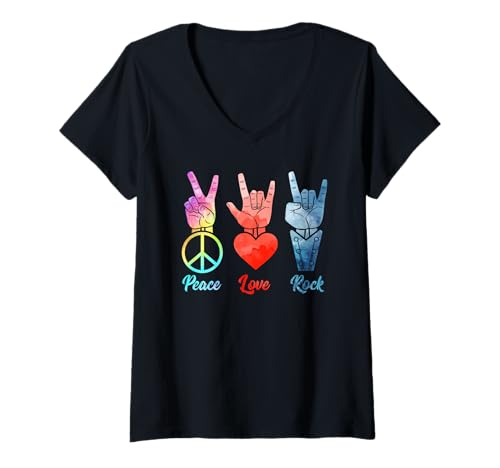 Femme Peace Love Rock & Roll Vintage Musicien Amoureux de la Paix T-Shirt avec Col en V