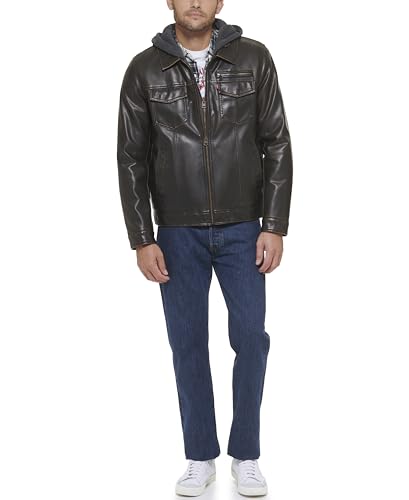Image of Levi's Men's Faux Leather Hooded Trucker Jacket With Sherpa Lining (Regular & Big & Tall Sizes)