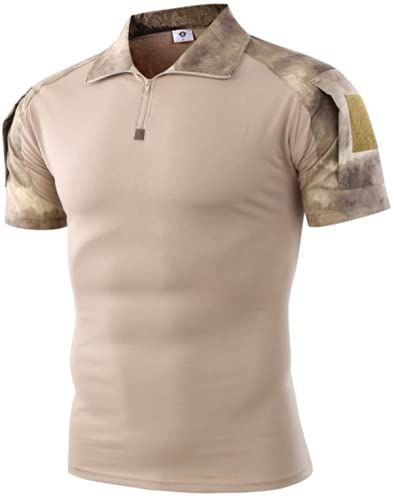 Czen Men's Short Sleeve Tactical Shirts Military Tee Outdoor Shirt Tactical Combat Shirt with Zipper (XL,Ruin Yellow)