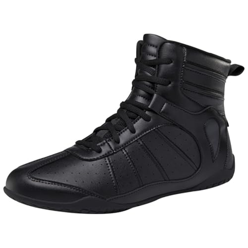 FJJLOVE Zapatos de Boxeo y Lucha para Hombres, Soporte de Tobillo de Cuero, Botas de competición y Entrenamiento Antideslizantes, Calzado cómodo para Kickboxing y Lucha.,Negro,44 EU