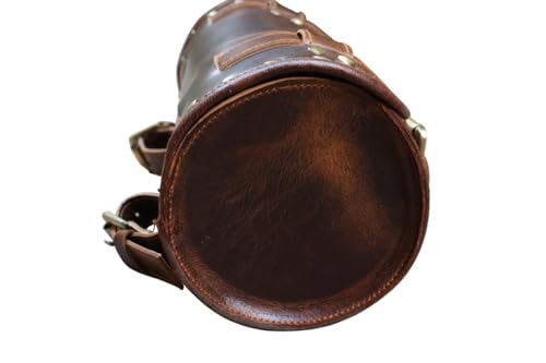american blue Borsa da moto vintage, in vera pelle di capra, con fibbia a 2 cinghie e chiusura rapida, borsa porta attrezzi marrone, rinforzata, per manubrio, forcelle, bicicletta, Round shape brown
