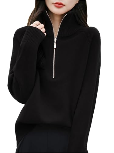 Women’S Half Zip Turtleneck Pullover Sweater in A Fine Wool Blend Long Sleeve Loose Fit Elegant Knit Top
