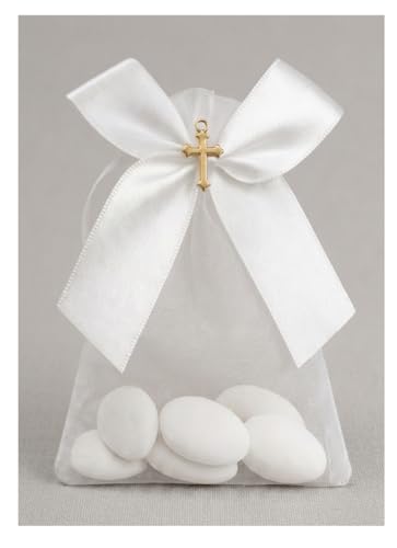 Lot de 25 Pochettes en Organza Blanc Croix Dorée – Sachets à Dragées, Cadeaux Invités Mariage Baptême Naissance– Contenant Bijoux, Bonbons, Souvenirs...