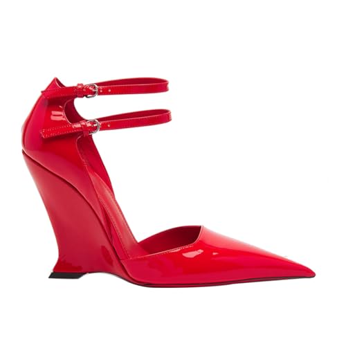 Goolita Pointed Closed Toe Wedge Heels for Women, Sexy Patent Leather Buckle Strap Office Dress Pumps Shoes2