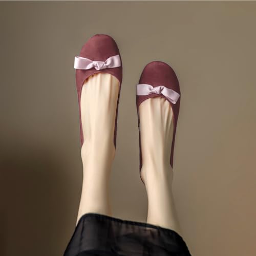 SHODENSE Women Round Toe Bow Flats Suede Slip on Ballet Shoes Comfortable Cute Dress Flat Shoes with Bow Two Tone Walking Drive Flats Street Party Wedding Dress Flats Retro 4-11 M US3