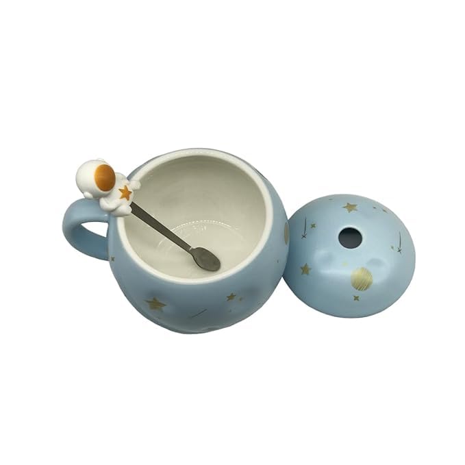 Image of NOSCOMP Astronaut Coffee Mug with Lid & Spoon| Space Travel Ceramic Coffee Mug with Astronaut Lid, Available in Blue, Pink and Black (Blue&Pink)