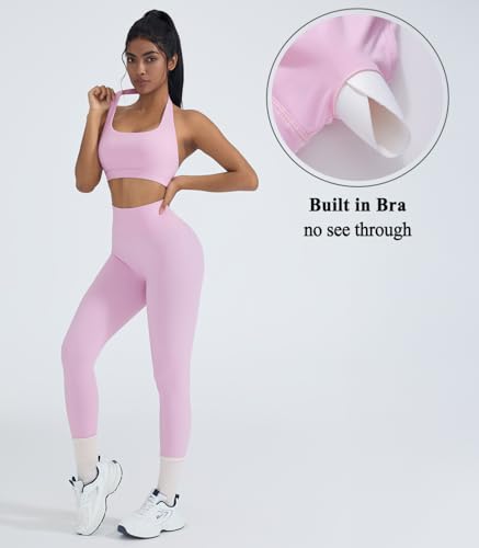 OMKAGI 2 Piece Workout Sets for Women Halter Sports Bras Gym Sets Booty Leggings Outfits3