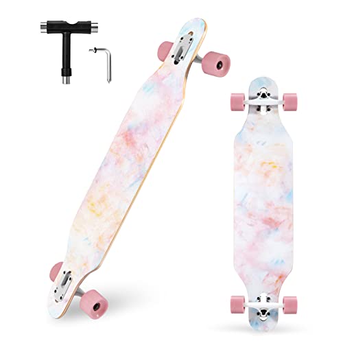 TLHB Longboard Skateboard, 41 Inch Drop Through Longboard Complete 9-Ply Nature Maple Premium Cruiser Long Board for Adults, Teens and Kids - High-Speed Bearings & T-Tool-Pink Color Sand