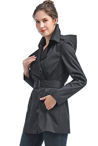BGSD Women Evelyn Waterproof Classic Hooded Short Trench Coat Black Small