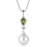 EJARY Pearl Pendant Necklace for Women - 925 Sterling Silver Peridot Birthstone Jewelry for Mother's Day Anniversary Birthday