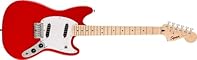 Short 24" scale length Squier single-coil pickups 6-saddle hardtail bridge Sealed-gear tuning machines Chrome hardware
