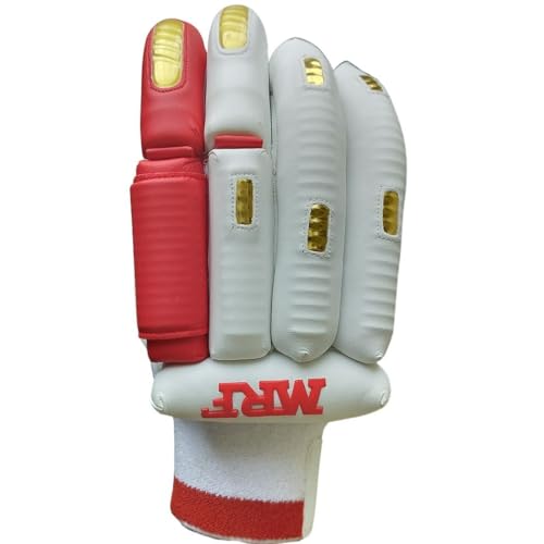 Image of M*R*F Leather Plam Cricket Batting Gloves Geni*us Prince, Shubman Gill Edition White Red Gold, Leather, Professional Protection | Club Play | Tournament | Matches | (White /Red /Gold, Mens RH, Right)