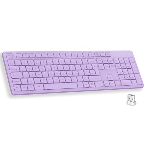 LeadsaiL Purple Wireless Keyboard, UK Layouty Full-Sized Ergonomic Computer Keyboard, 2.4GHz Wireless and Noiseless Typing,12 FN Shortcuts for Windows Laptop Computer