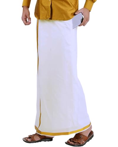 Image of PRAKASAM COTTON Mens White Premium Flexi Size Welcro pocket Dhoti (SS JARI-WHITE)
