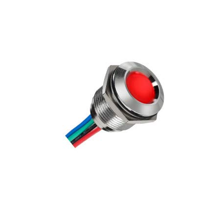 16mm Dia Panel Mount Indicator - Uni Color LED - Prominent Mount - Super Bright Red - 20mA - Solder Lug/Faston Terminals - Plated Brass - Black - IP67