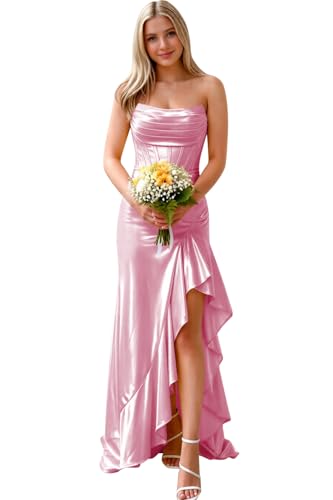 Lvloet Corset Prom Dress Pink Ruffles Satin Strapless Bridesmaid Dresses for Women with Slit Long...