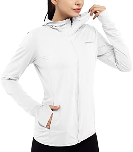 dpowien Women's Athletic Jacket Lightweight Long Sleeve UPF 50+ Hiking Shirts Full Zip Sun Protection Hoodie with Pockets White