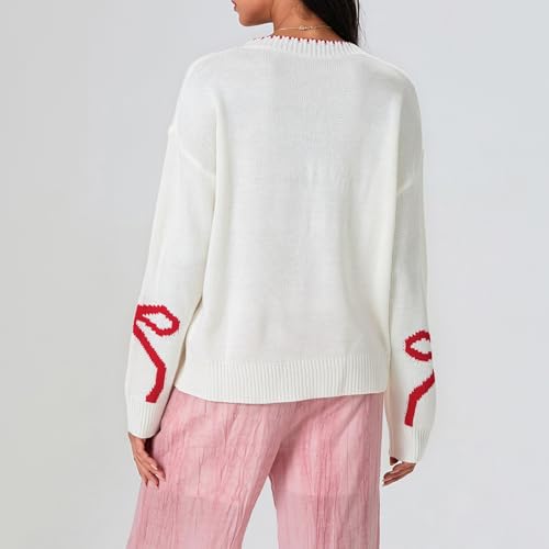 Image of Women Cute Bow Knit Sweater Y2k Long Sleeve Crew Neck Knitted Pullover Top Oversized Going Out Fall Winter Knitwear
