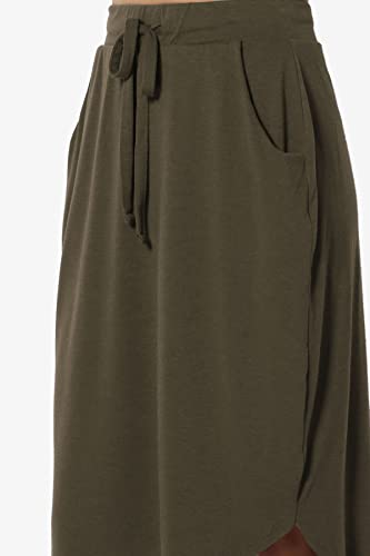 Themogan Women's Drawstring Dolphin Hem Soft Jersey Pocket Midi Skirt Olive Xl #TOP4