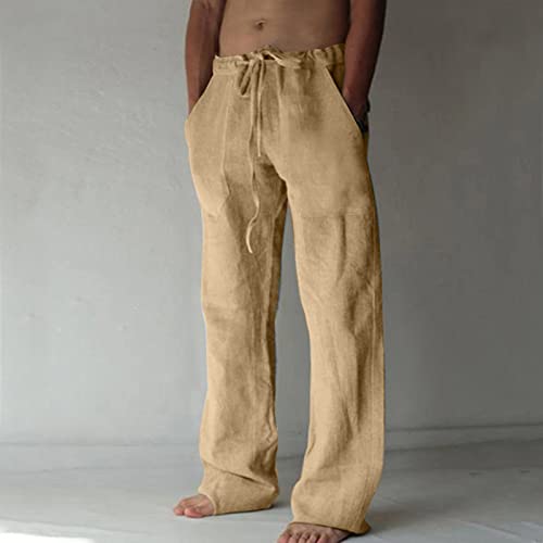 Linen Pants Men Lightweight Elastic Waist Drawstring Casual Summer Beach Pants Comfy Straight Leg Vacation Outfits2