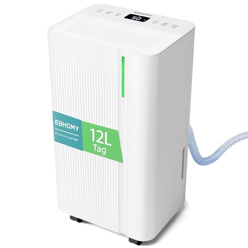EUHOMY Luftentfeuchter Elektrisch 12L, Entfeuchter Elektrisch für Schlafzimmer/Badezimmer/Keller, Leise & Stromsparende Raumentfeuchter mit 3 Modi, Automatisches Abtauen, Ablaufschlauch, Filter,Timer