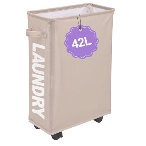 Image of Slim Rolling Laundry Hamper with Wheels, 42L Collapsible Narrow Laundry Basket with Drawstring Mesh Cover, Foldable Dirty Clothes Organizer for Bathroom, Dorm, Small Spaces, Khaki
