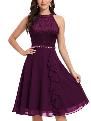 Image of Miusol Women's A-Line Halter Neck Lace Chiffon Ruffle Cocktail Party Dress