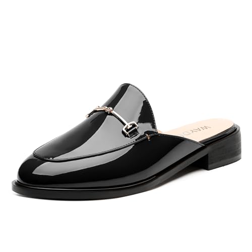 Image of WAYDERNS Mules for Women Slides Loafer Shoes with Low Block Heel Round Closed Toe Comfortable Casual Patent Slip on Backless Loafers Work Business Office Shopping Buckle Mules