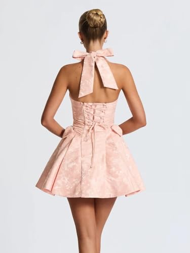 Short Homecoming Dress for Teens Jacquard Satin V-Neck Halter Corset Cocktail Gowns with Bow2