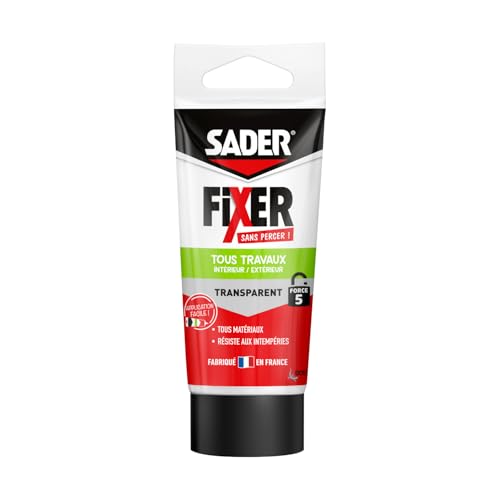 SADER FIXER Sans Percer Tous Travaux Intérieur/Extérieur Transparent - Mastic Colle Hybride, Collage Puissant, Tous Matériaux, Peut se Peindre, Tube 50g