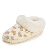 Dearfoams Women's Fuzzy Fluffy Memory Foam Hannah Knit Clog Shoe House Slipper, White Heart, 11-12