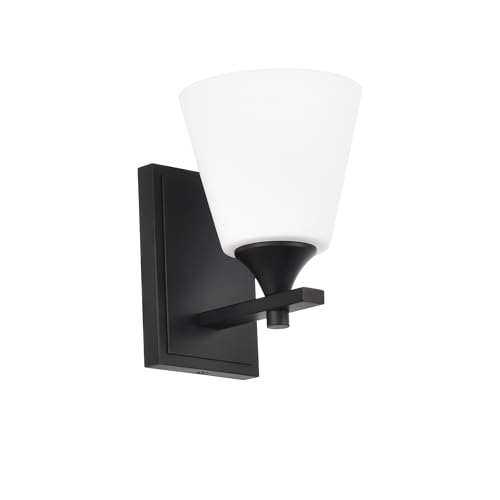 Image of Black Wall Sconce Light, American Sconces Wall Lighting, Traditional 1 Light Bathroom Vanity Lighting with Opal Glass Shade, Wall Light for Bedroom Bathroom Living Room Entryway Hallway