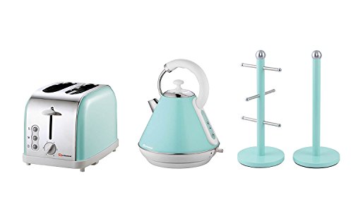 Geschenk-Set: Wasserkocher, Toaster und Becherbaum und Küchenrollenhalter in Hellblau, Pink oder Mintgrün 28 x 23 x 22.8…