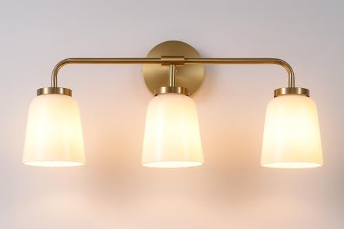 Image of 3 Light Bathroom Vanity Light in Brushed Gold Finish - 24 inch Modern Gold Vanity Light with Milk Glass Shade - Gold Bathroom Light fixtures Over Mirror (Bulb Included)