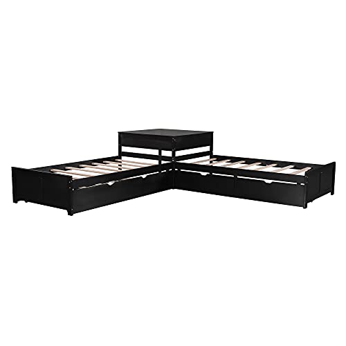 L Shaped Platform Bed With Trundle And Drawers Linked With Built-In Desk, Wooden Twin Bed Frame For 3 Kids Teens Adults, Espresso #TOP7
