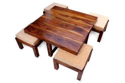 Image of Furniture Solid Sheesham Wood Coffee Table with 4 Stools | Sheesham Wood Coffee Table for Living Room (Natural Honey Finish, Coffee Table)
