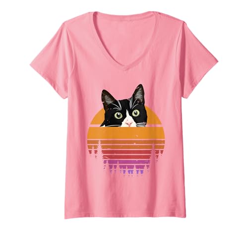 Damen Katze, Retro-Stil, schwarze Katze T-Shirt mit V-Ausschnitt