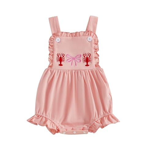 Image of Gueuusu Smocked Baby Girl Clothes Crawfish Bow Embroidery Ruffle Sunsuit Shrimp Sleeveless Romper Bodysuit Cute Summer Outfit
