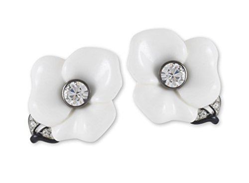 Kenneth Jay Lane-Black Resin Flower With Leaf -Clip Earring, Cz Accent. White Or Black #TOP1
