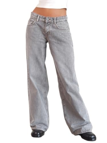 Onsoyours Jean Femme Taille Basse Coupe Droite Straight Jeans Y2K Baggy Jambes Larges Pantalon en Denim Automne Hiver Elastique Jeans A Gris Clair M