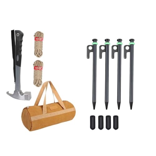 Estacas para tienda de campaña de acero con martillo y bolsa para toldos en pastizales