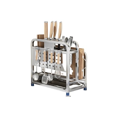 KOGB多機能キッチンナイフラック、ステンレス製まな板ラック、箸置きと水切りトレーが一体化。通気性、抗菌性、使い勝手に優れています。省スペース、フック付き、角丸、強力な耐荷重性、防錆・防湿性。家庭用に最適です (オリジナルカラー,高さを上げた【まな板ラック