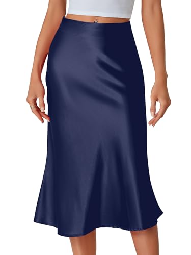 LYANER Women's Satin Silky Midi Skirt Dark Blue X-Small
