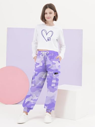 Image of SANGTREE Girls' Clothing Sets Crop Top & Cargo Jogger Pants 2 Piece Outfit, White+purple camouflage, 6-7Y = Tag 130