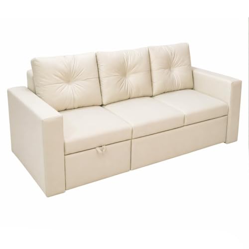 Image of FURNY Tira 4 Seater LHS Lounger Sofa Cum Bed (Cream) with Pull-Out Function | Luxury Velvet Suede Finish | Durable Comfort | Ideal for Living Room